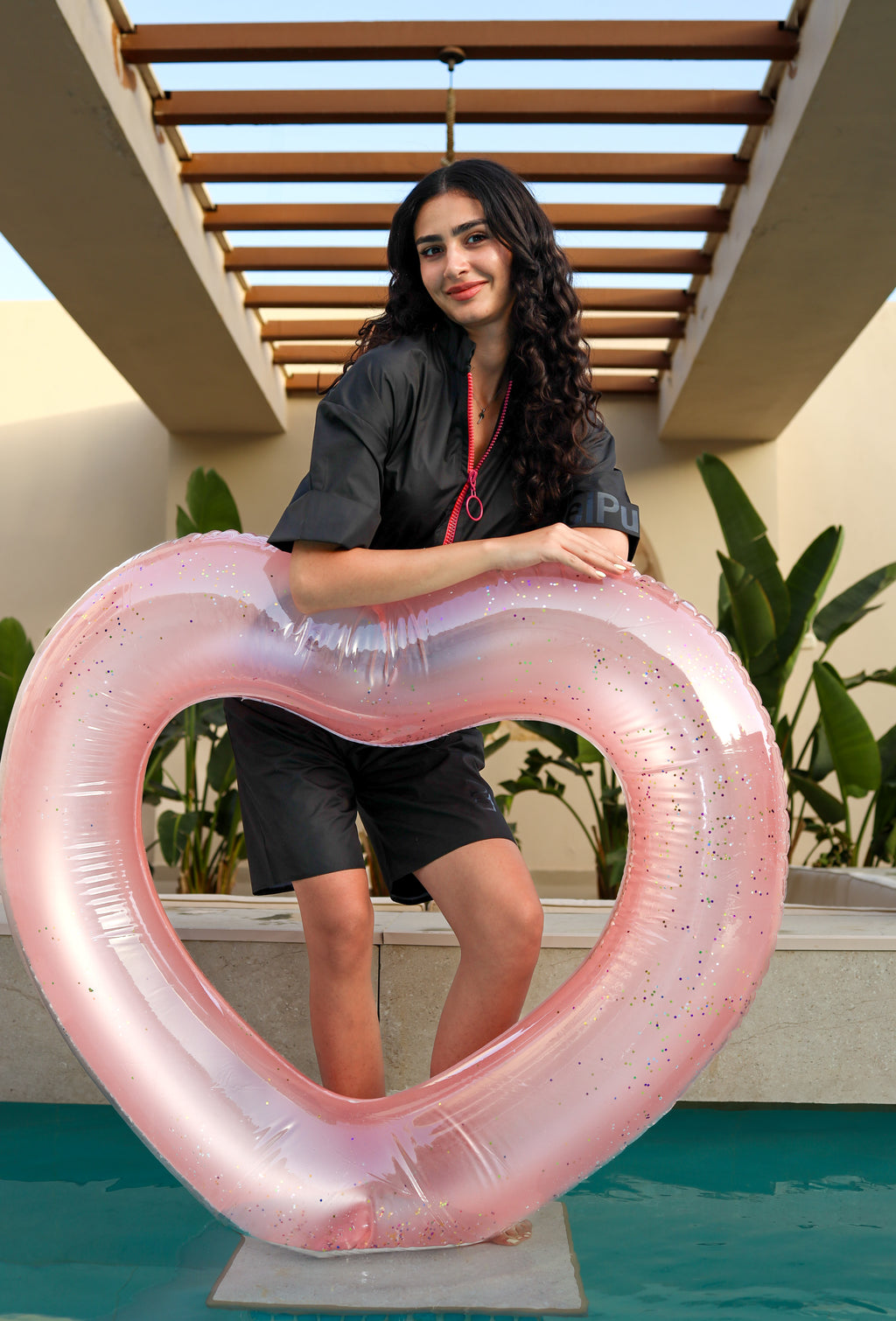 Black Short Jumpsuit With Pink Zipper