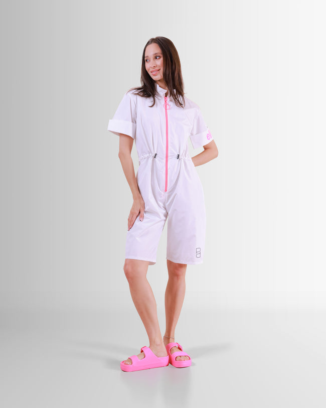 White Short Jumpsuit With Pink Zipper