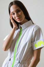 White Short Jumpsuit With Neon-Yellow Zipper